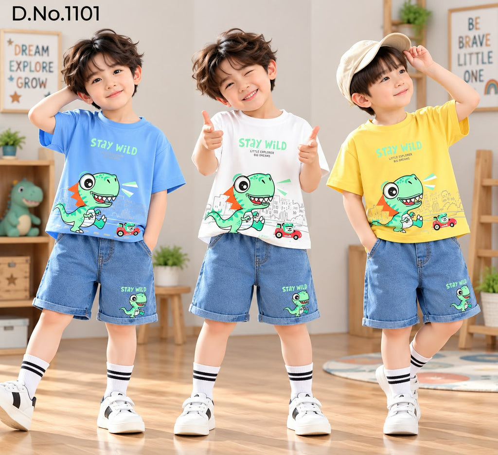 Dino Stay Wild Boys’ T-Shirt & Denim Shorts Set 🦖💙 | Whimsy Wardrobe