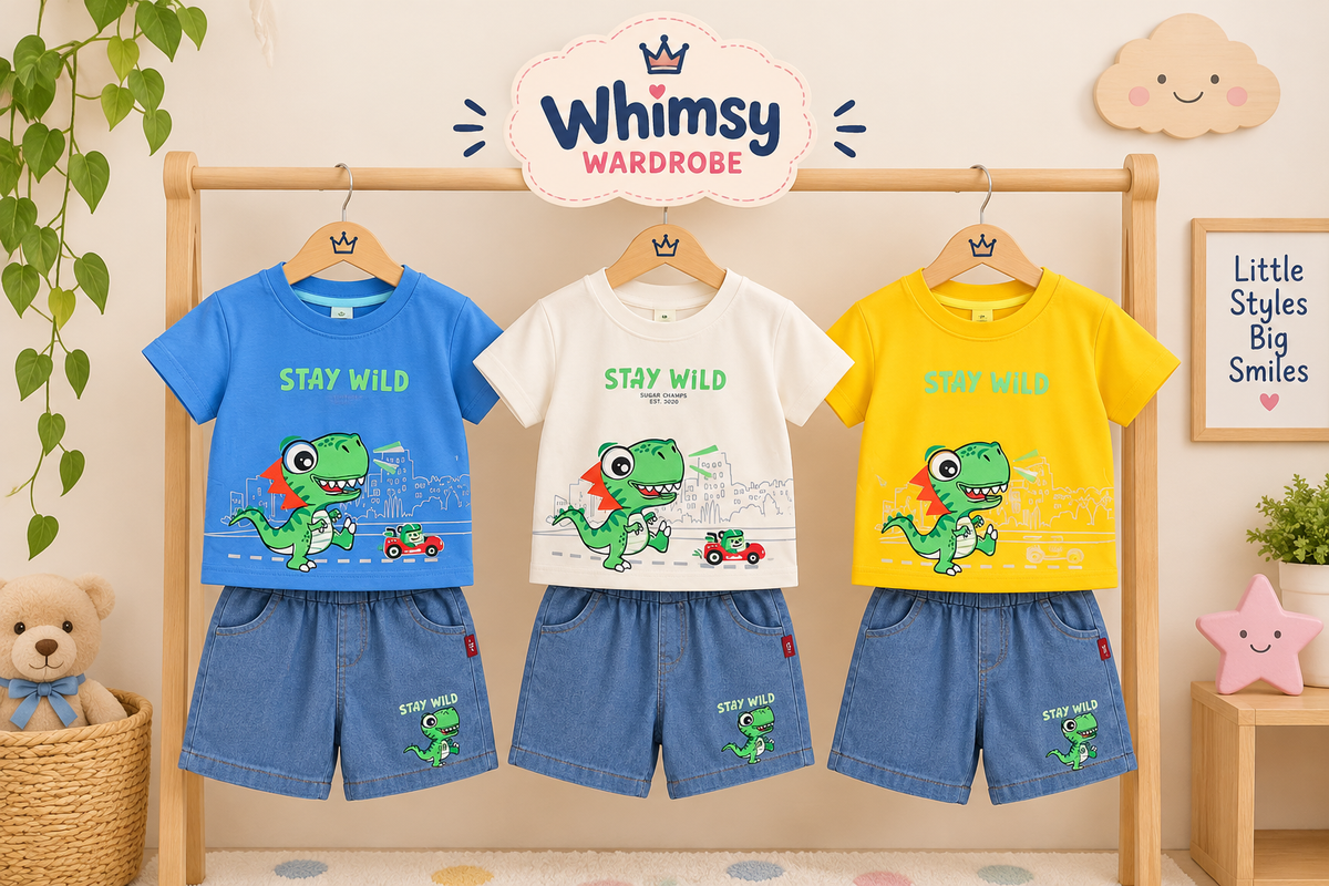 Dino Stay Wild Boys’ T-Shirt & Denim Shorts Set 🦖💙 | Whimsy Wardrobe