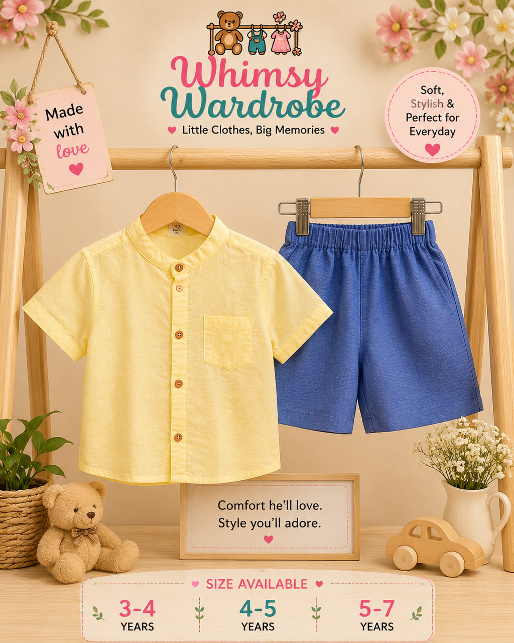 🌼 Sunshine Yellow Cotton Shirt &amp; Blue Shorts Set 🌼