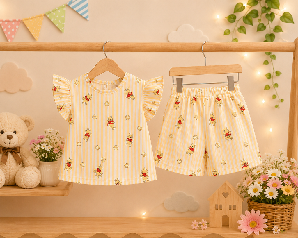 🐻 Cartoon Print Cotton Top & Shorts Set