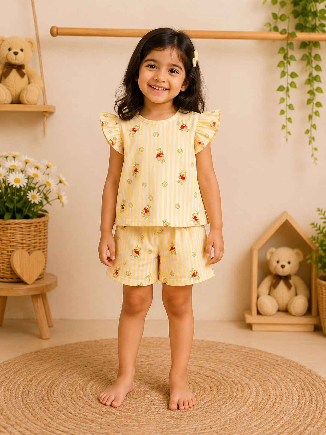 🐻 Cartoon Print Cotton Top & Shorts Set