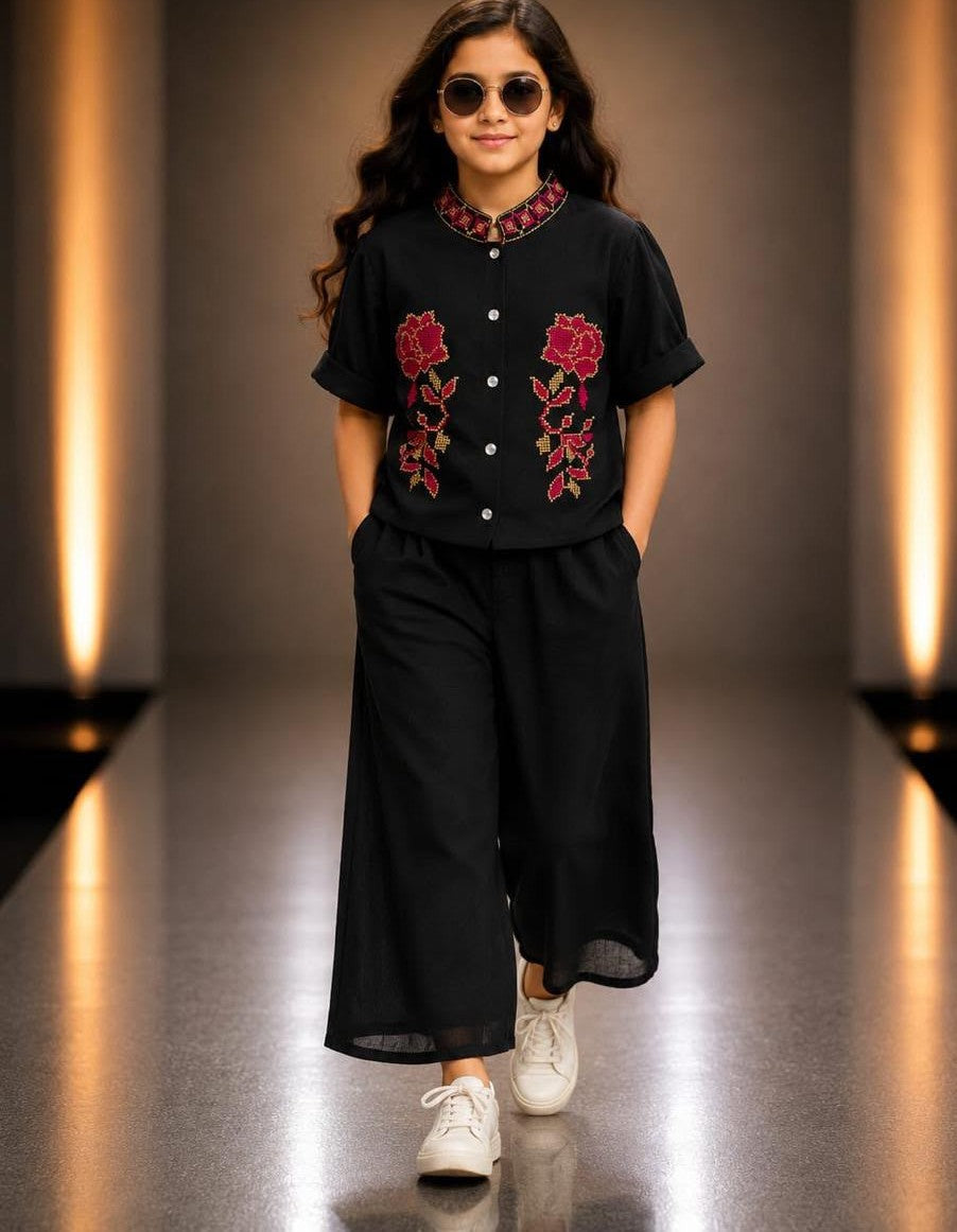 Elegant Black Floral Co-ord Set for Girls