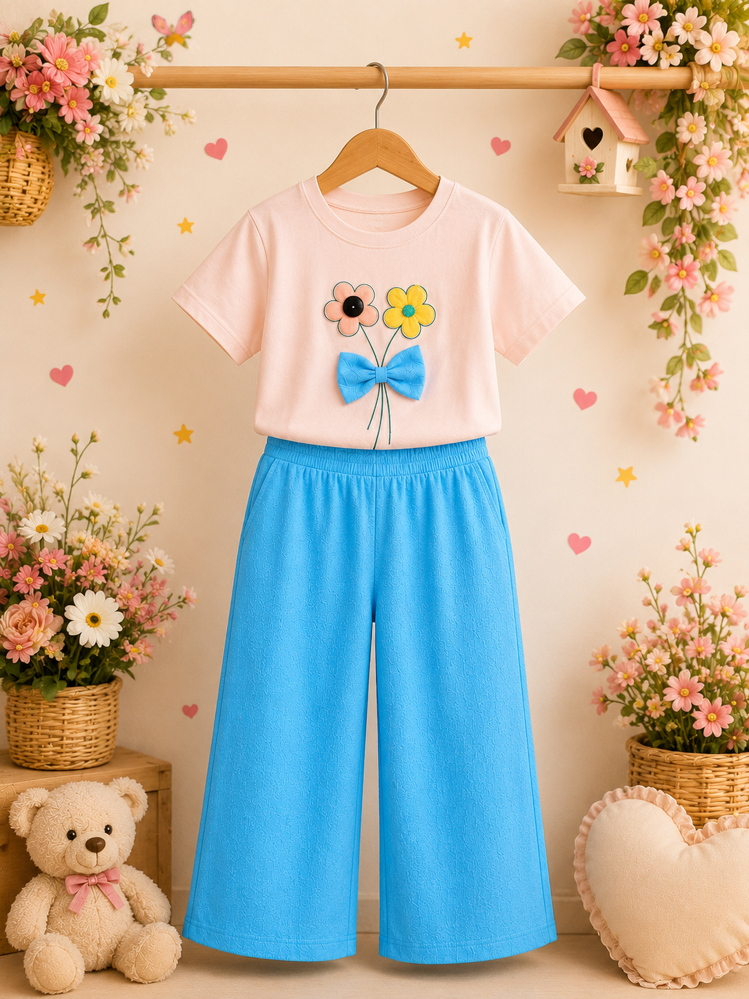 🌸 Floral Bow Co-ord Set – Pink & Sky Blue 🌸