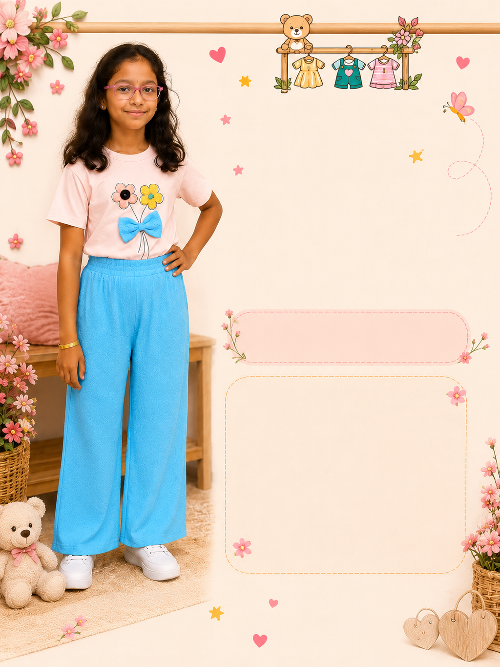 🌸 Floral Bow Co-ord Set – Pink & Sky Blue 🌸