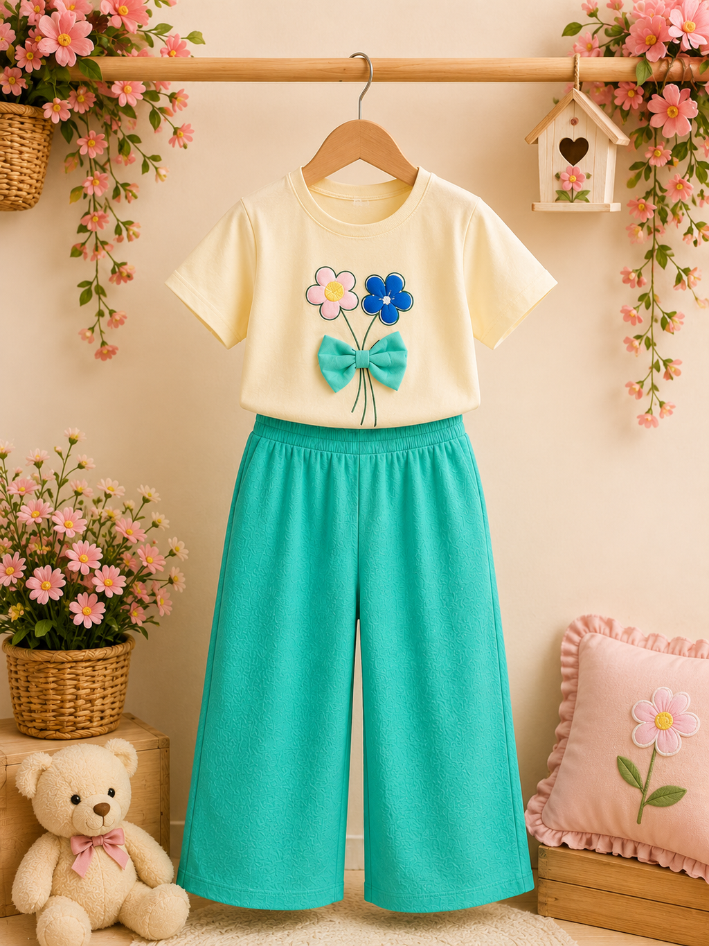 🌸 Floral Bow Co-ord Set – Cream & Aqua Green 🌸