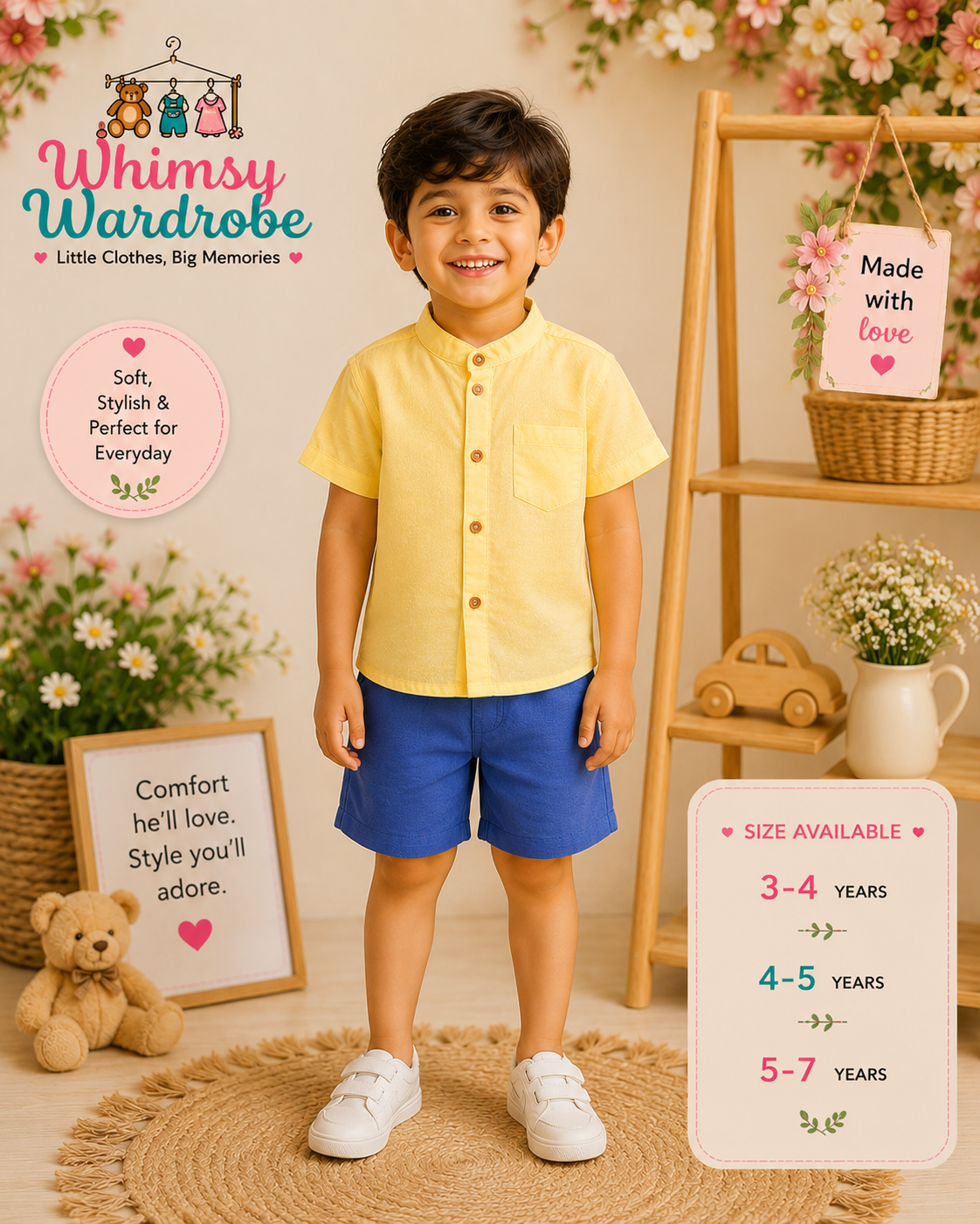 🌼 Sunshine Yellow Cotton Shirt &amp; Blue Shorts Set 🌼