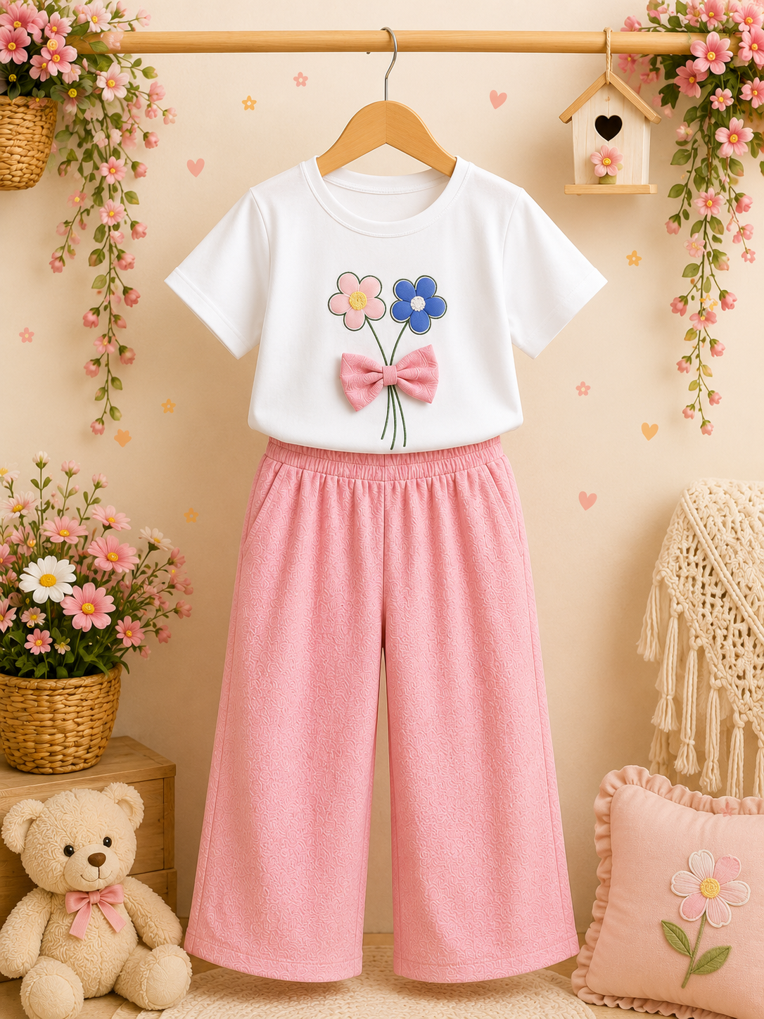 🌸 Floral Bow Co-ord Set – White & Baby Pink 🌸