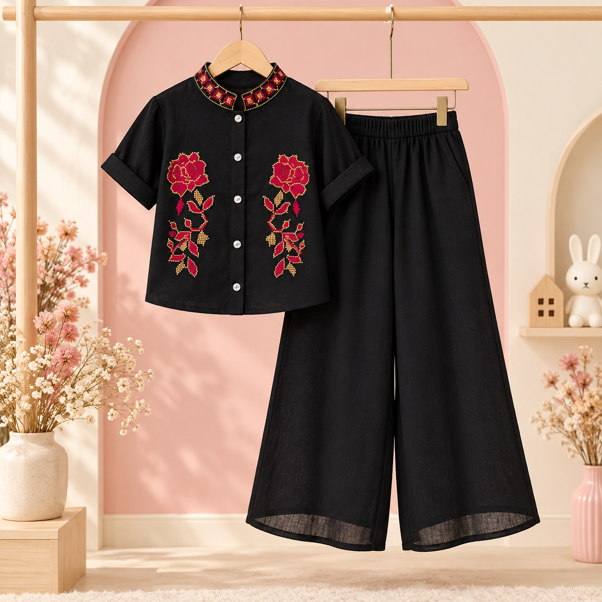 Elegant Black Floral Co-ord Set for Girls